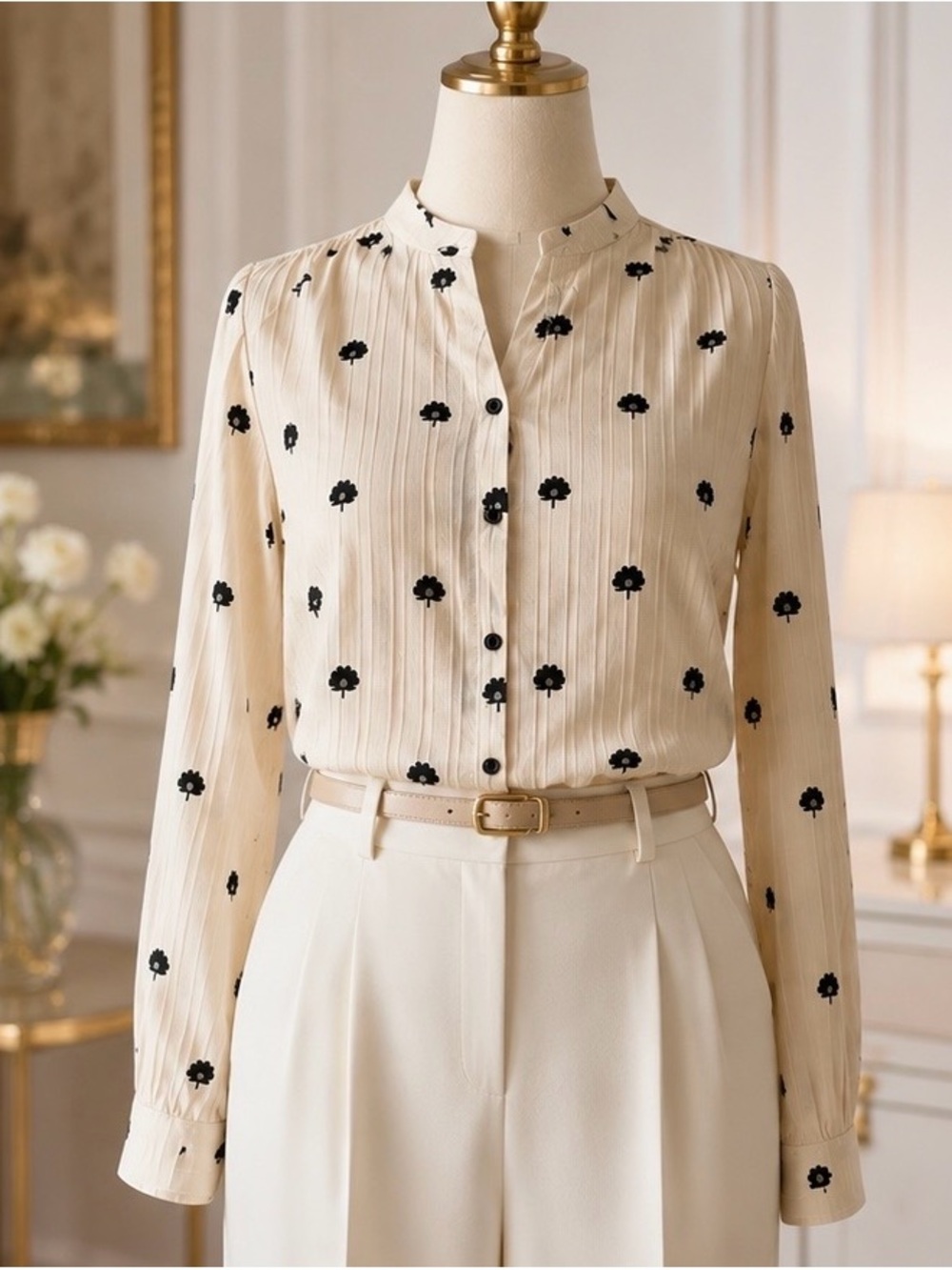Elegant Cream Floral Button-Up Blouse